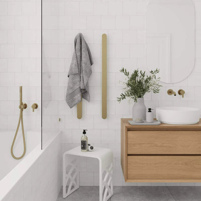 THERMORAIL - VP900BB Brushed Brass Flat Pill 12V Vertical Single Heated Towel Rail-Heated Towel Rails-from our-THERMORAIL-supplier–available at Bathroom City Perth