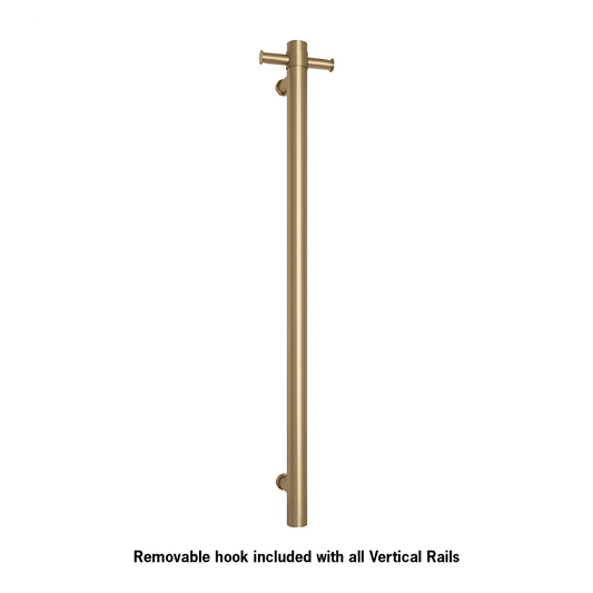 THERMORAIL - VS900HBB Brushed Brass Round Vertical Single Heated Towel RailHeated Towel Rails – available at Bathroom City Perth