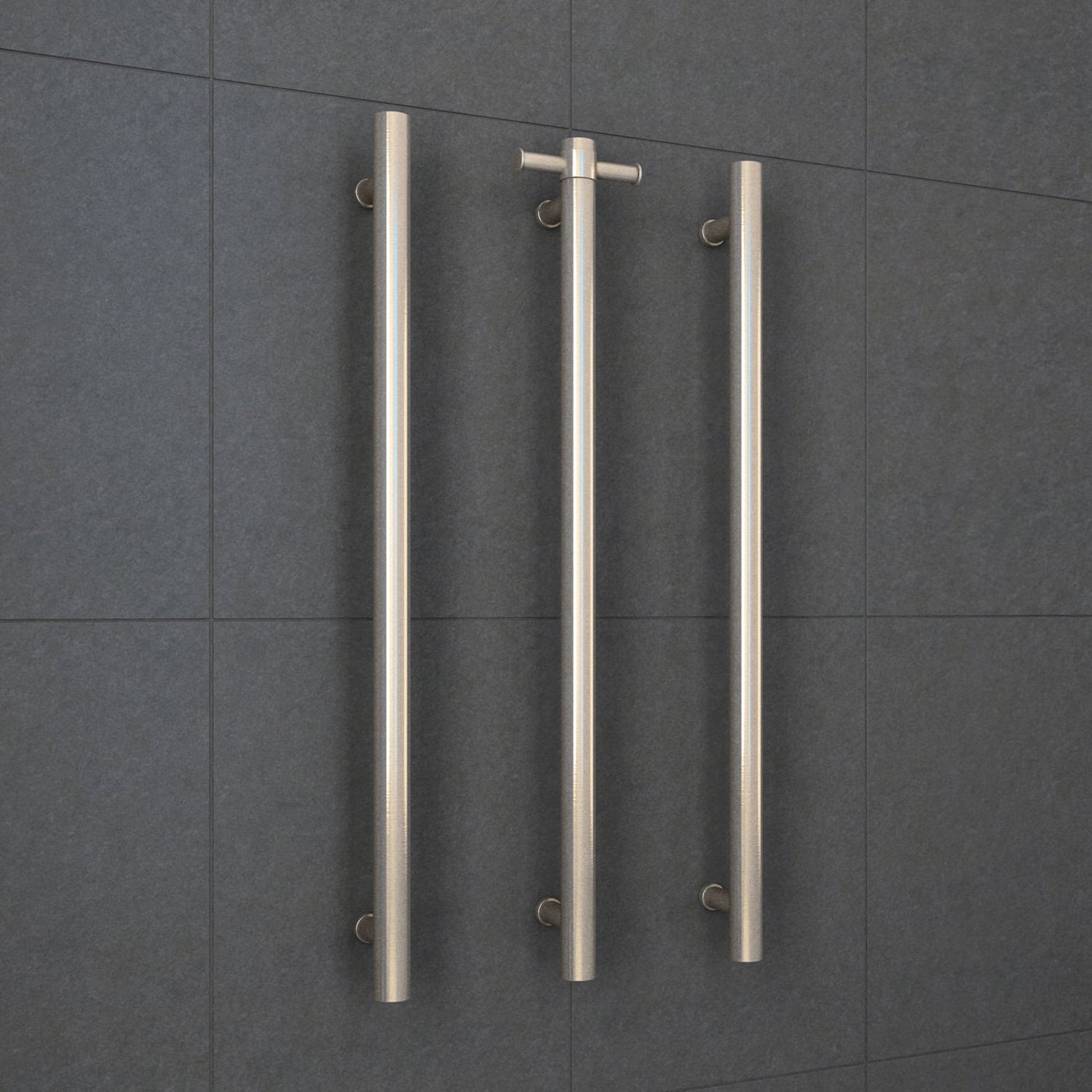 THERMORAIL - VS900HBN Brushed Nickel Straight Round Vertical Single Heated Towel RailHeated Towel Rails – available at Bathroom City Perth