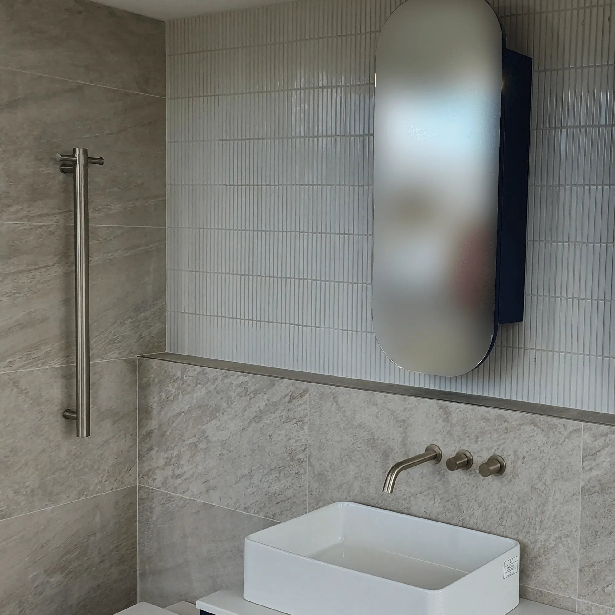 THERMORAIL - VS900HBN Brushed Nickel Straight Round Vertical Single Heated Towel Rail-Heated Towel Rails-from our-THERMORAIL-supplier–available at Bathroom City Perth