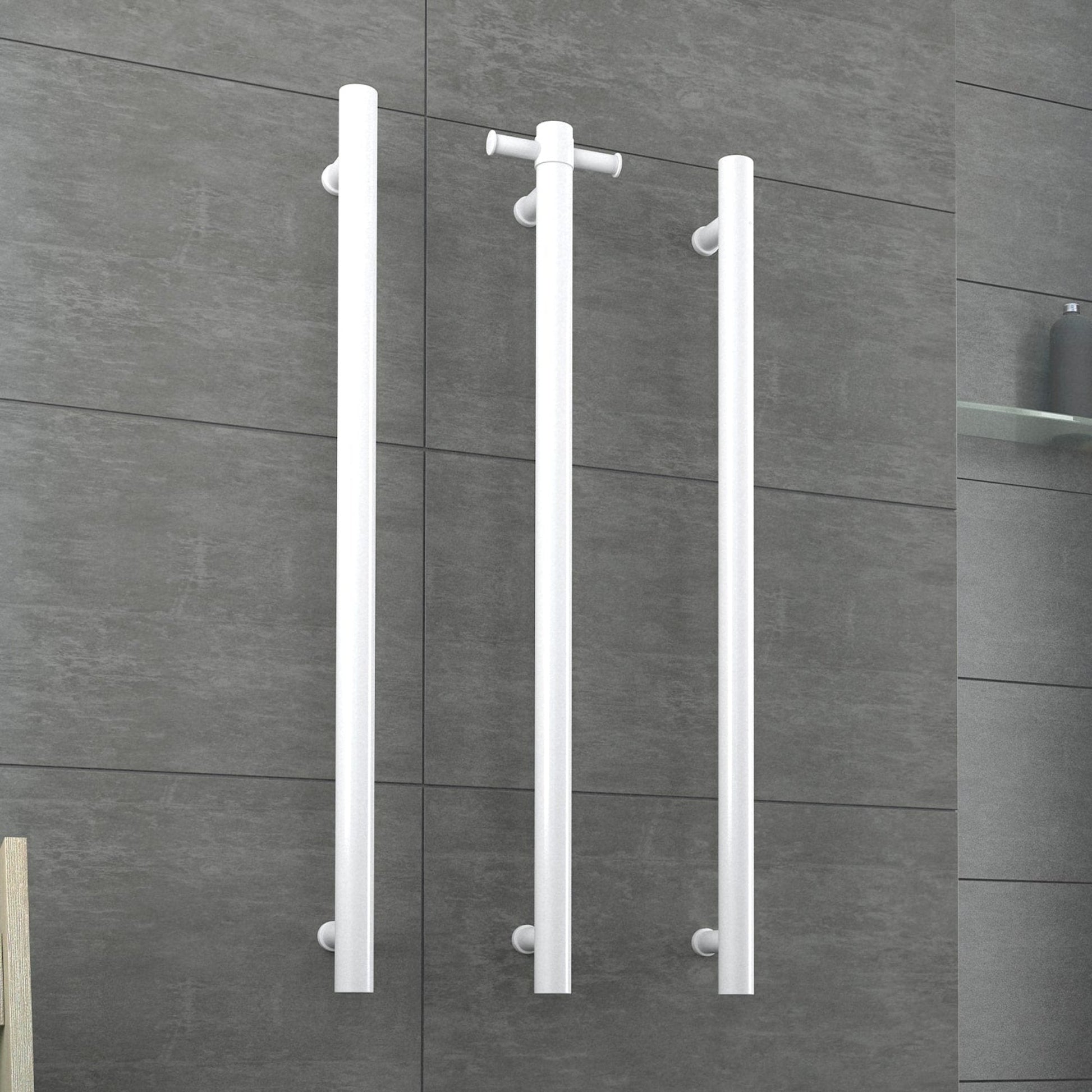 THERMORAIL - VS900HSW Satin White Straight Round Vertical Single Heated Towel RailHeated Towel Rails – available at Bathroom City Perth