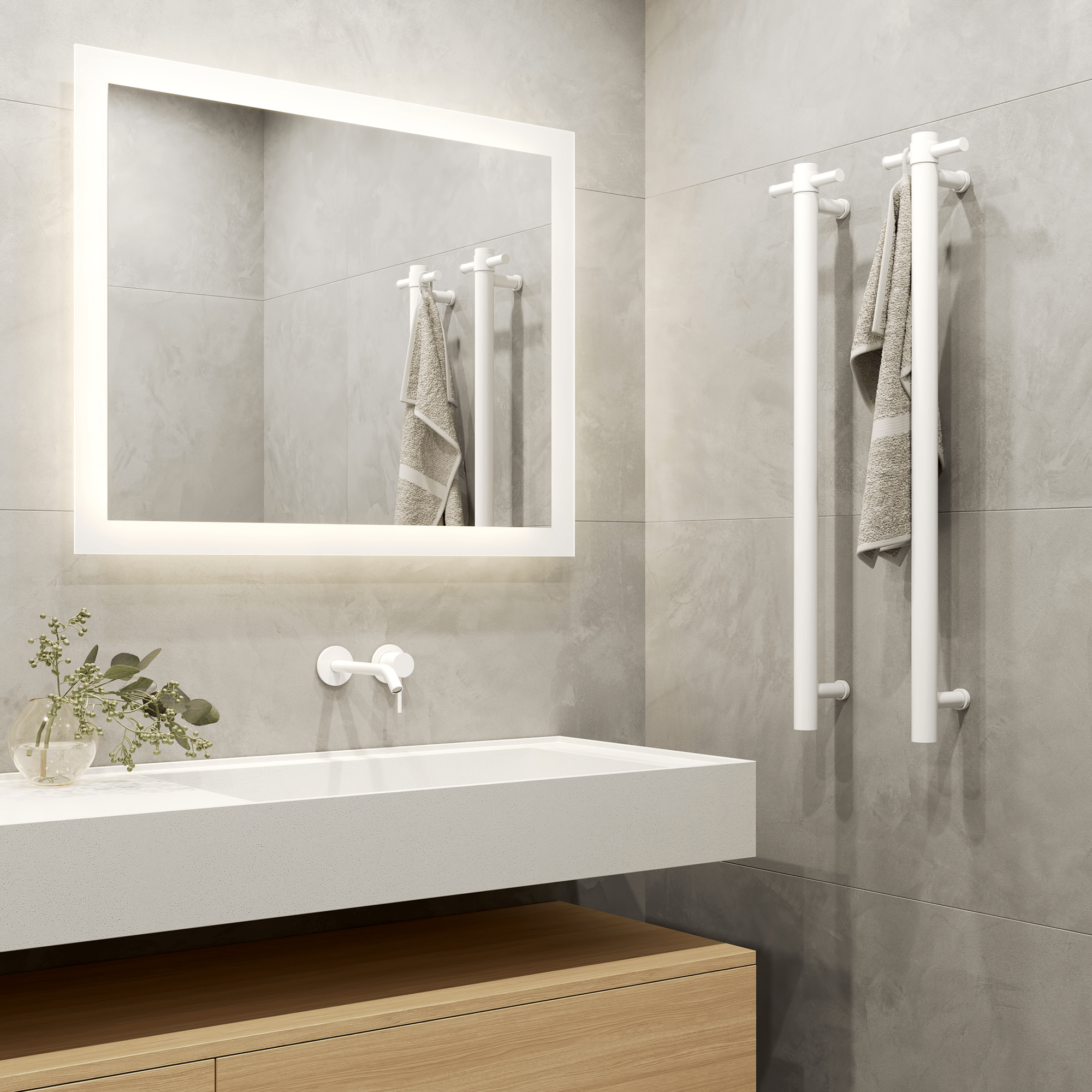 THERMORAIL - VS900HSW Satin White Straight Round Vertical Single Heated Towel Rail - Heated Towel Rails - from our - THERMORAIL - supplier–available at Bathroom City Perth