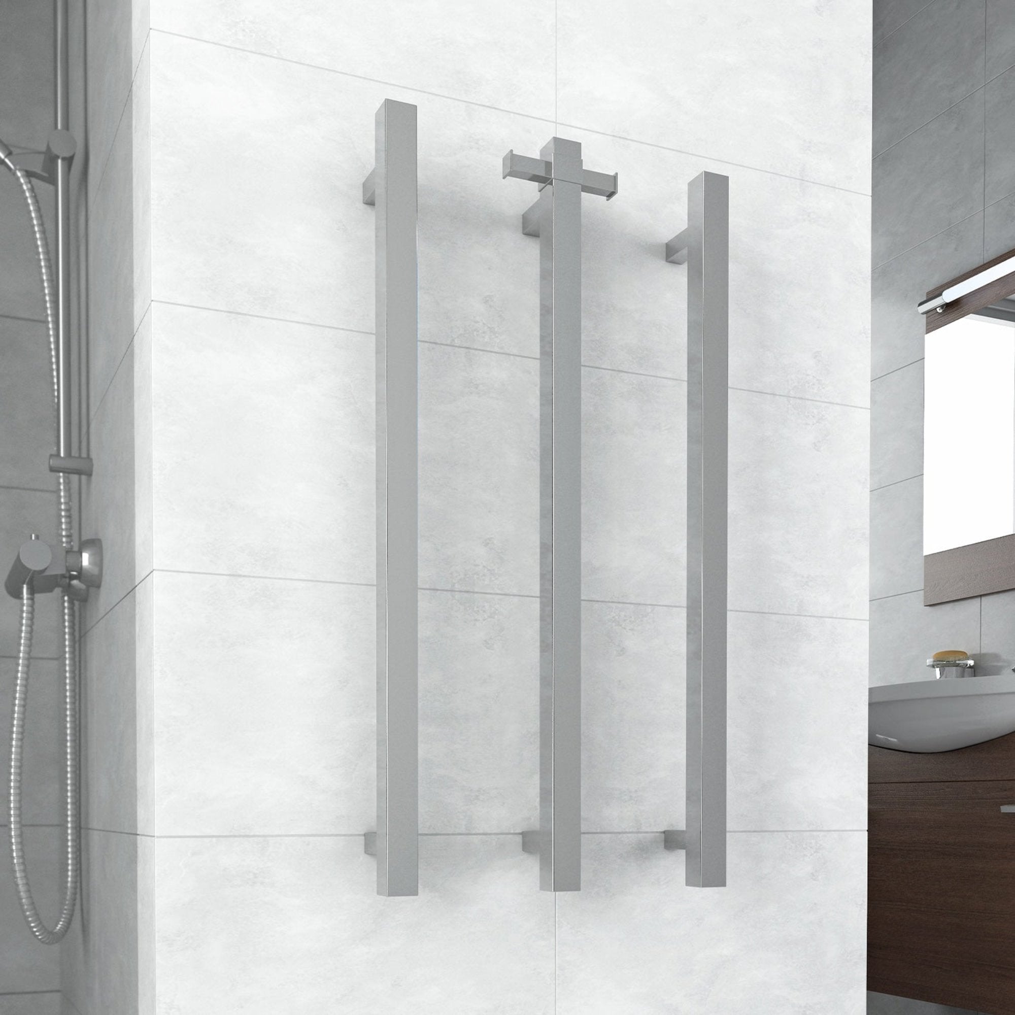 THERMORAIL - VS900SH Square Vertical Single Bar Polished Heated Towel RailHeated Towel Rails – available at Bathroom City Perth