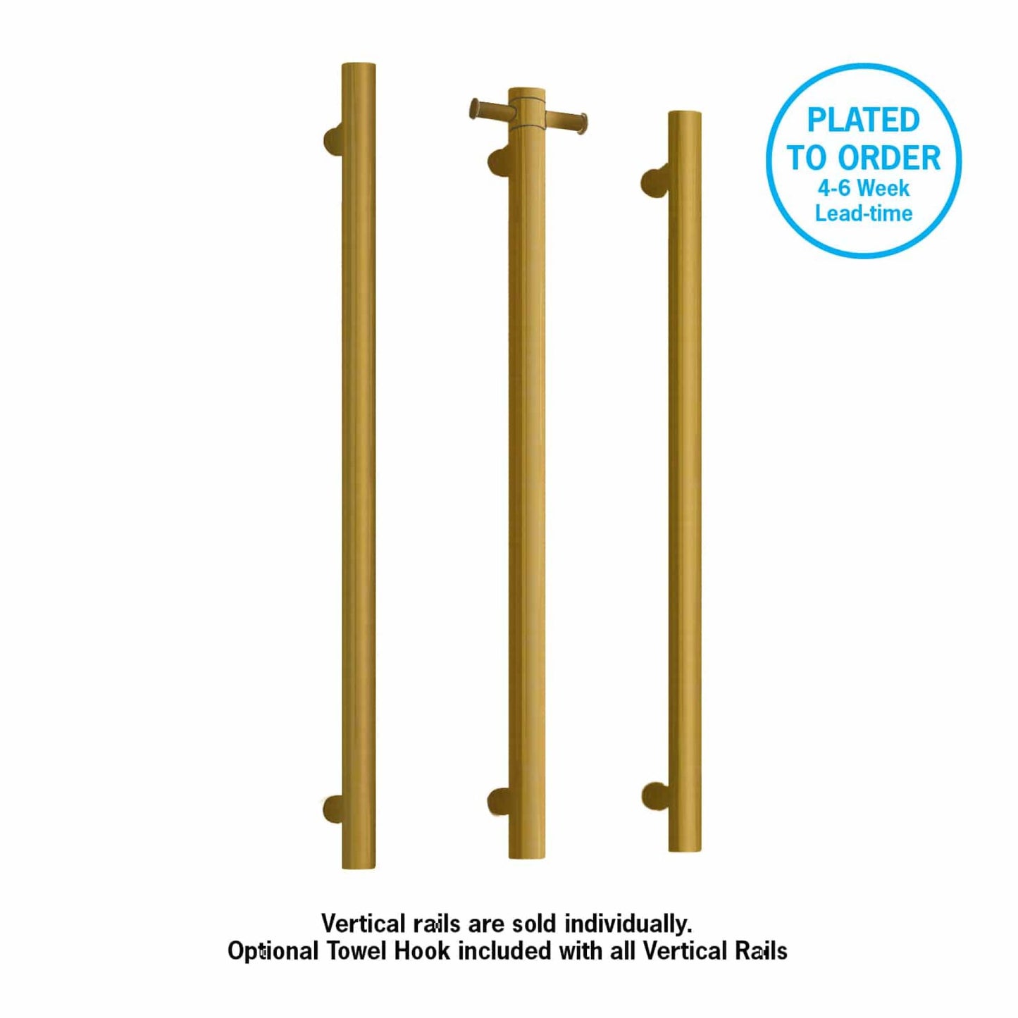 THERMORAIL - VS900HBB Brushed Brass Straight Round Vertical Single Heated Towel Rail