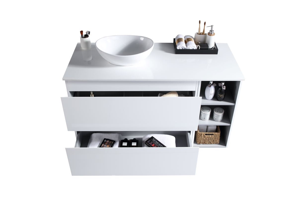 MELA - CLARK 1200 Gloss White Wall Hung Vanity with 2 Drawers and Shelves