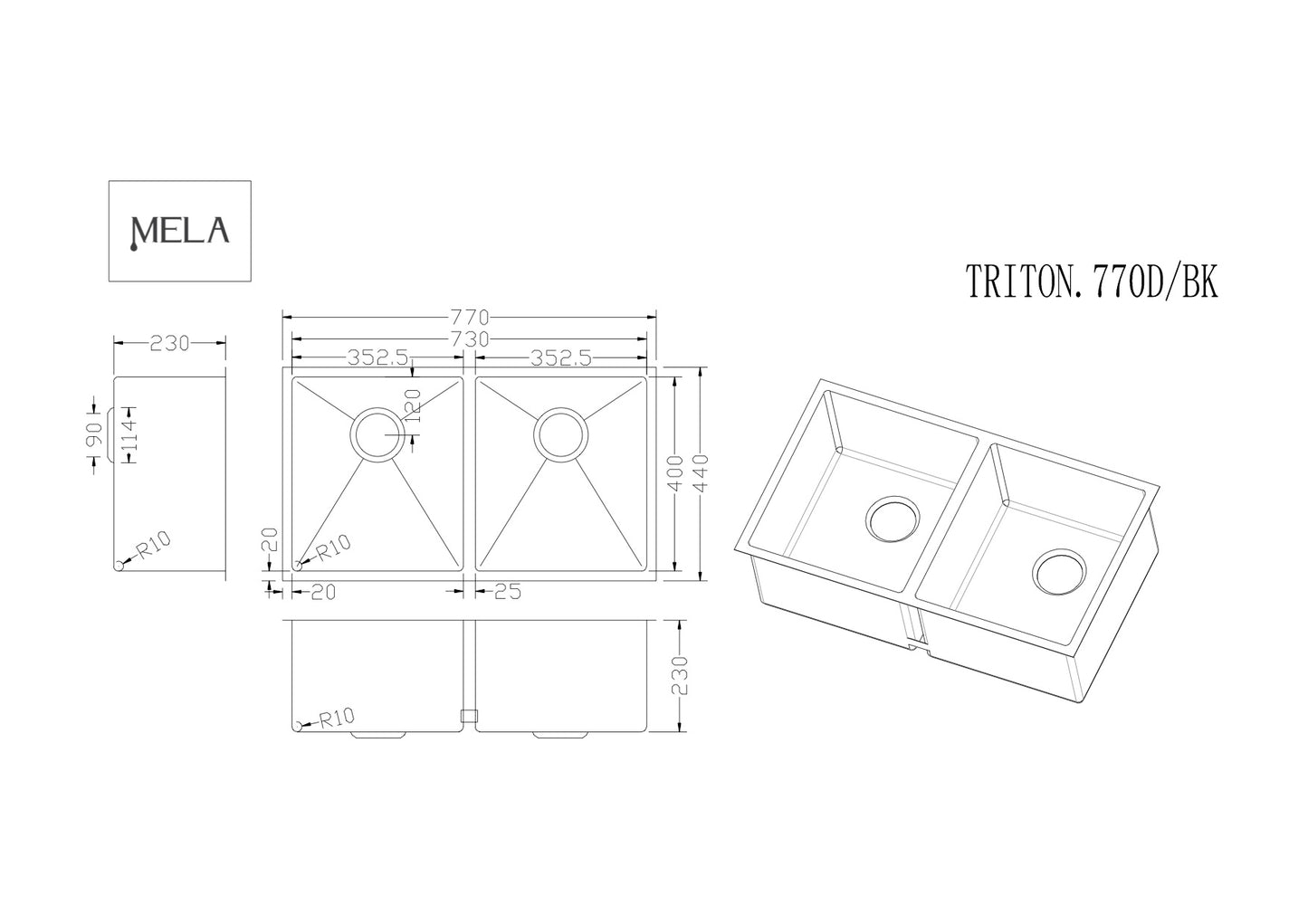 MELA - TRITON 770D Stainless Steel Kitchen/Laundry Sink Black - Double