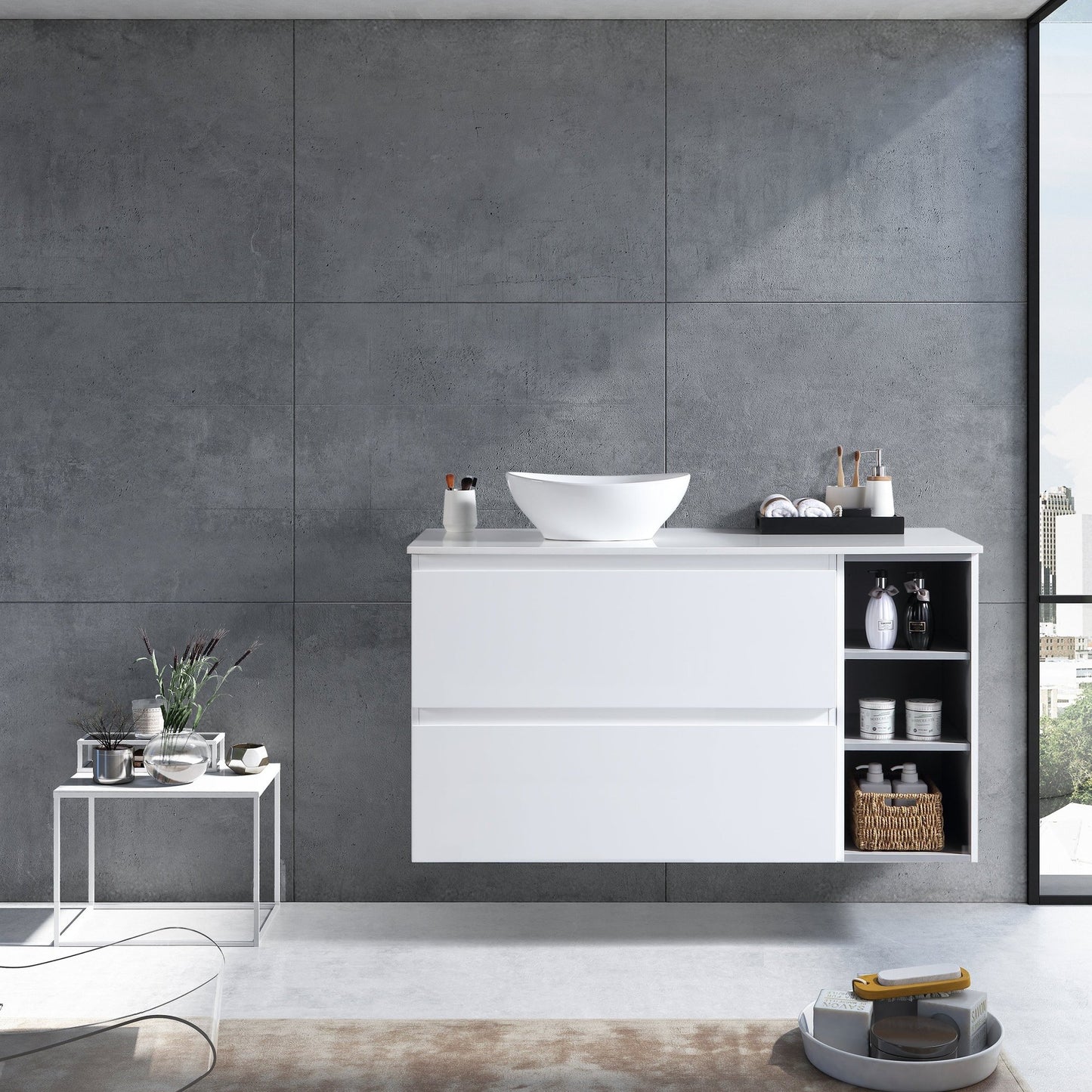 MELA - CLARK 1050 Gloss White Wall Hung Vanity with 2 Drawers and Open Shelves