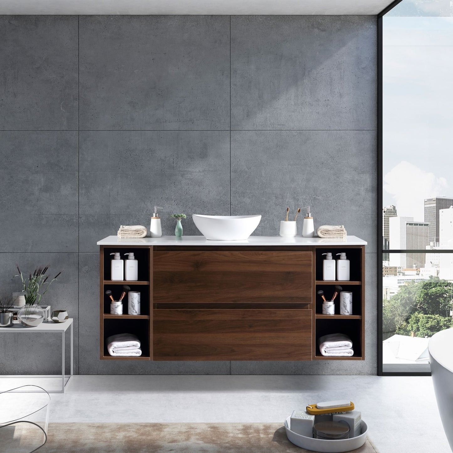 MELA - CLARK 1200 Walnut Wall Hung Vanity with 2 Drawers and 2 Open Shelves