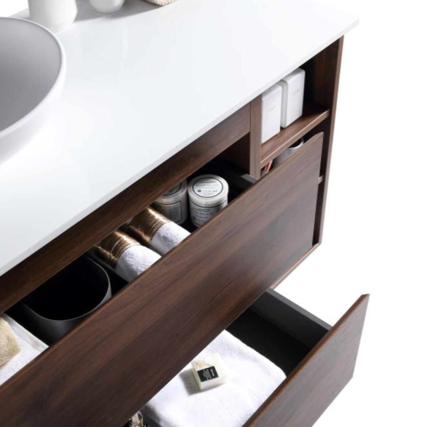 MELA - CLARK 1200 Walnut Wall Hung Vanity with 2 Drawers and Open Shelves