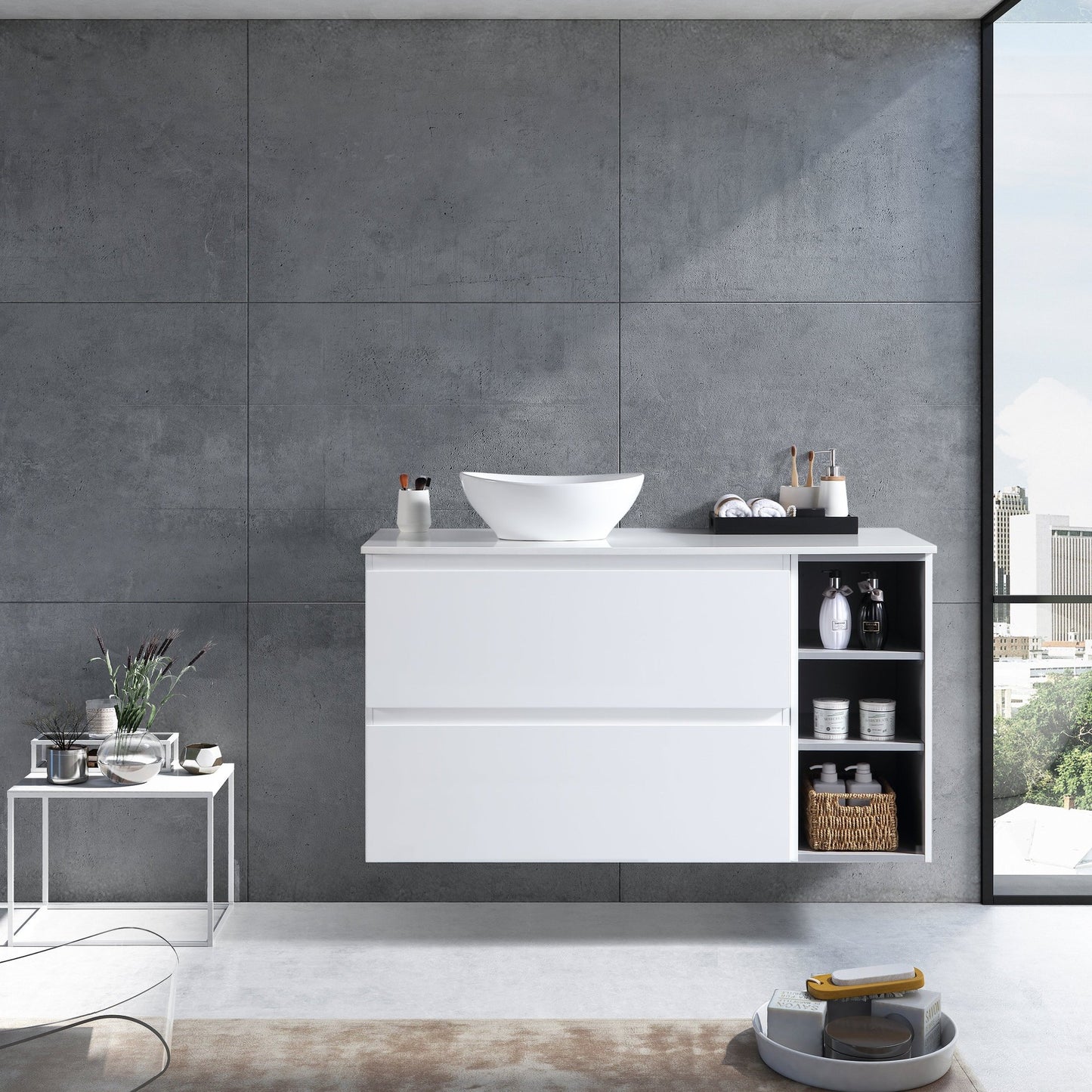 MELA - CLARK 900 Gloss White Wall Hung Vanity with 2 Drawers and Open Shelves