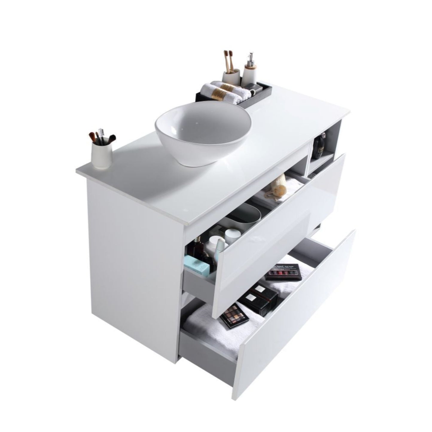 MELA - CLARK 900 Gloss White Wall Hung Vanity with 2 Drawers and Open Shelves