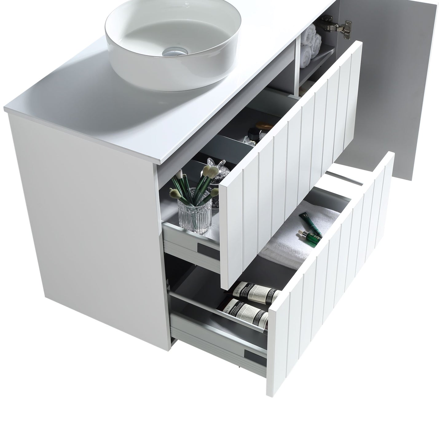MELA - PASTEL 1200 Matt White Wall Hung Vanity with Drawers and Open Shelves or Door