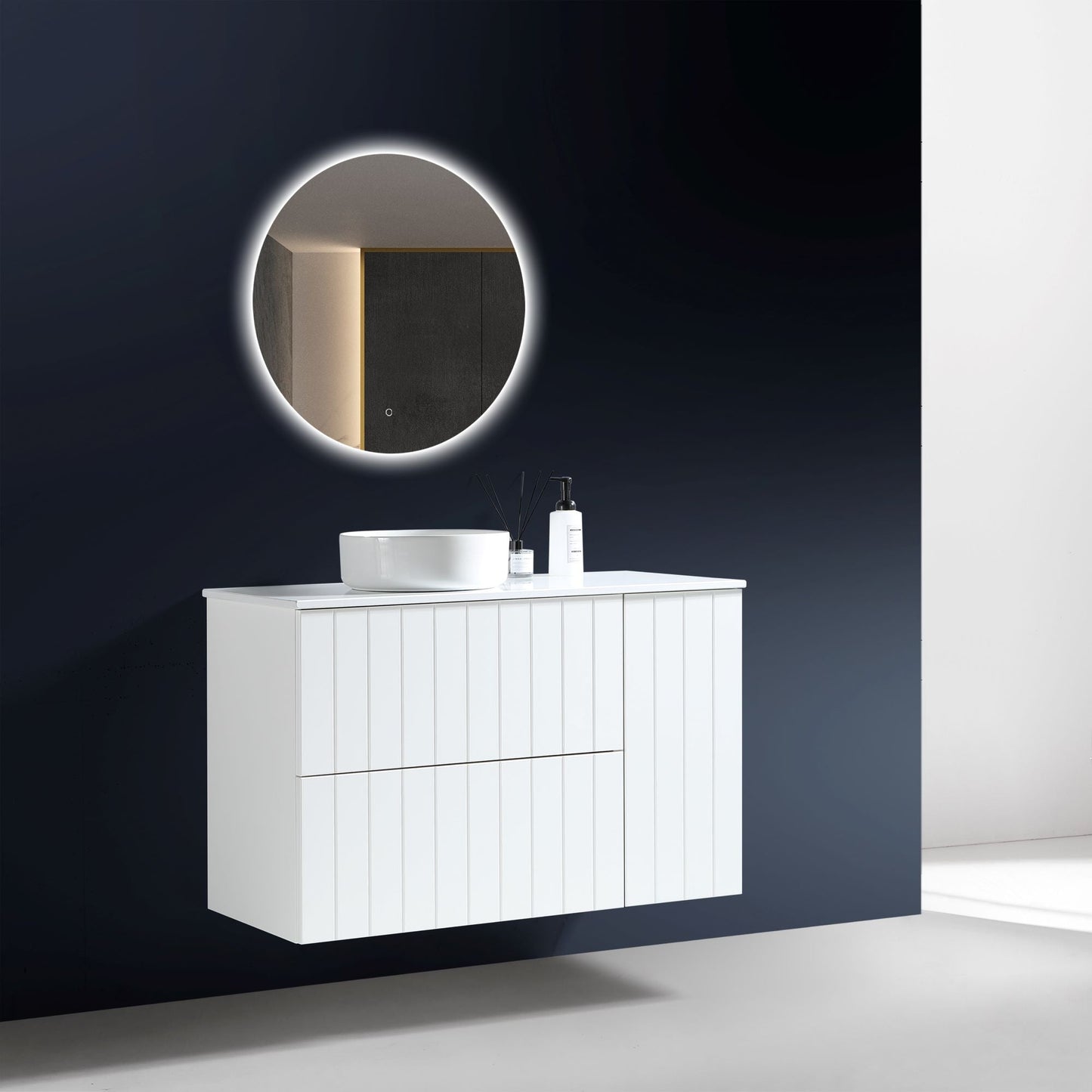 MELA - PASTEL 1050 Matt White Wall Hung Vanity with Drawers and Open Shelves or Door