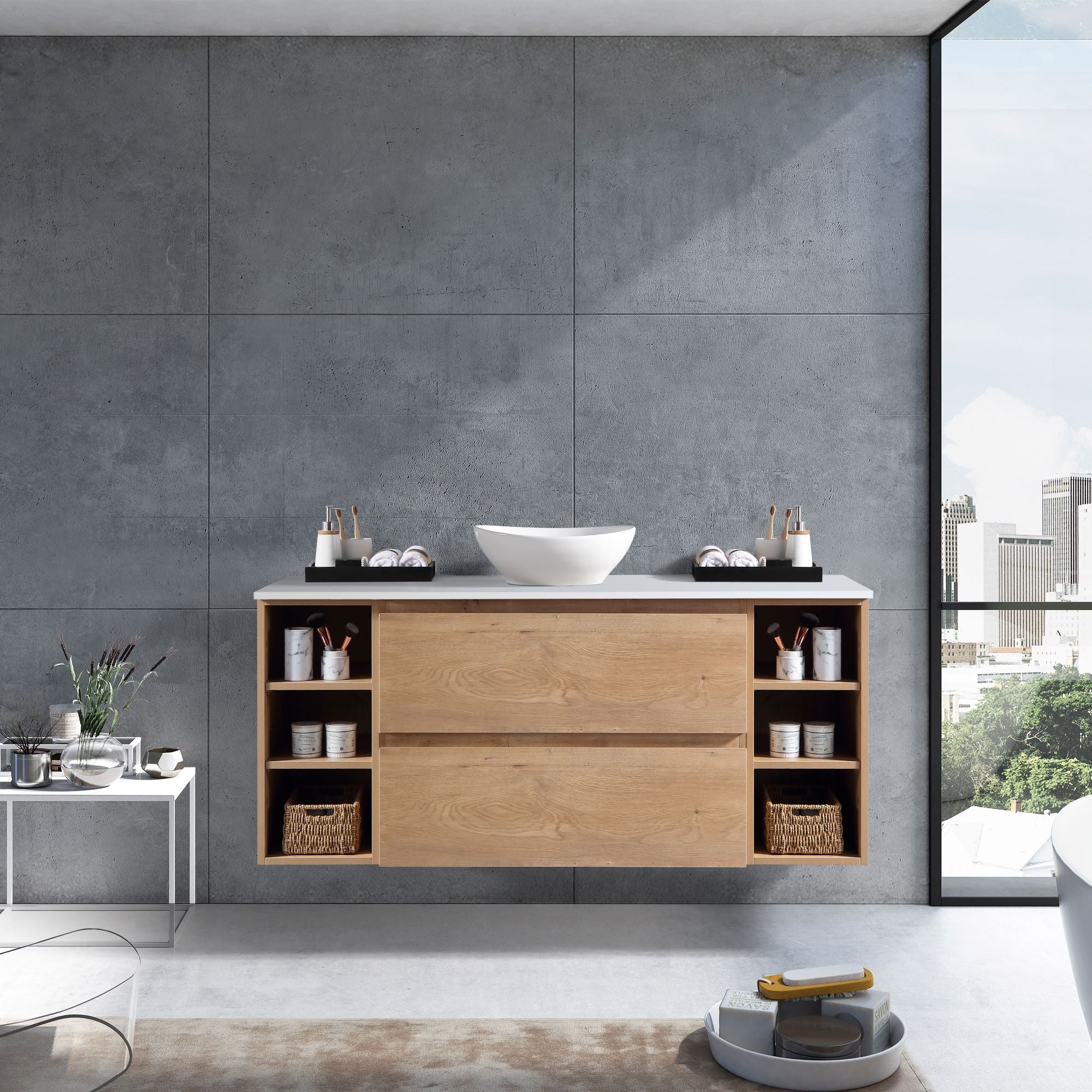 MELA - CLARK 1200 Snafell Wall Hung Vanity with 2 Drawers and 2 Open ShelvesVanities – available at Bathroom City Perth