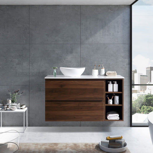 MELA - CLARK 1200 Walnut Wall Hung Vanity with 2 Drawers and Open ShelvesVanities – available at Bathroom City Perth