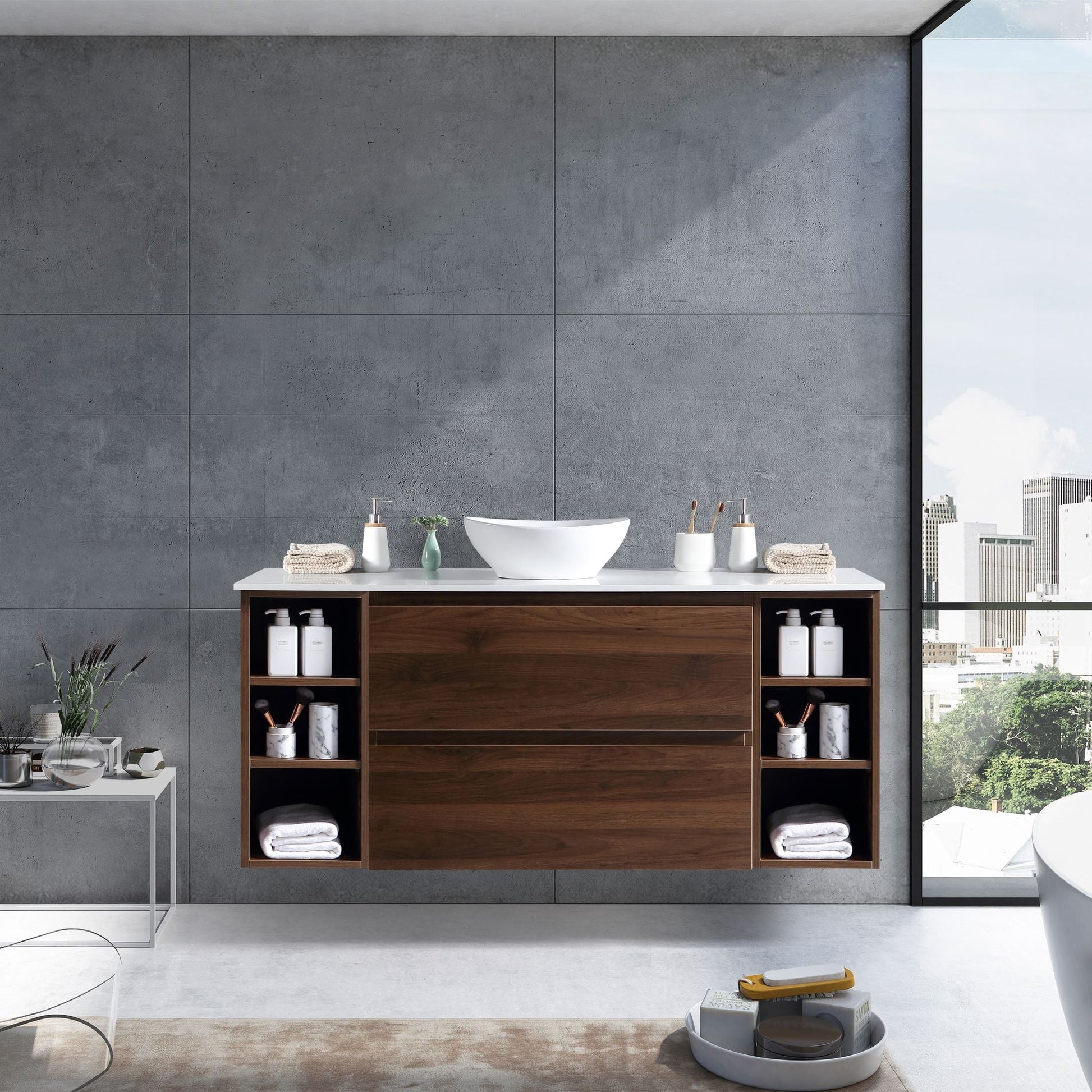 MELA - CLARK 1350 Walnut Wall Hung Vanity with 2 Drawers and 2 Open ShelvesVanities – available at Bathroom City Perth