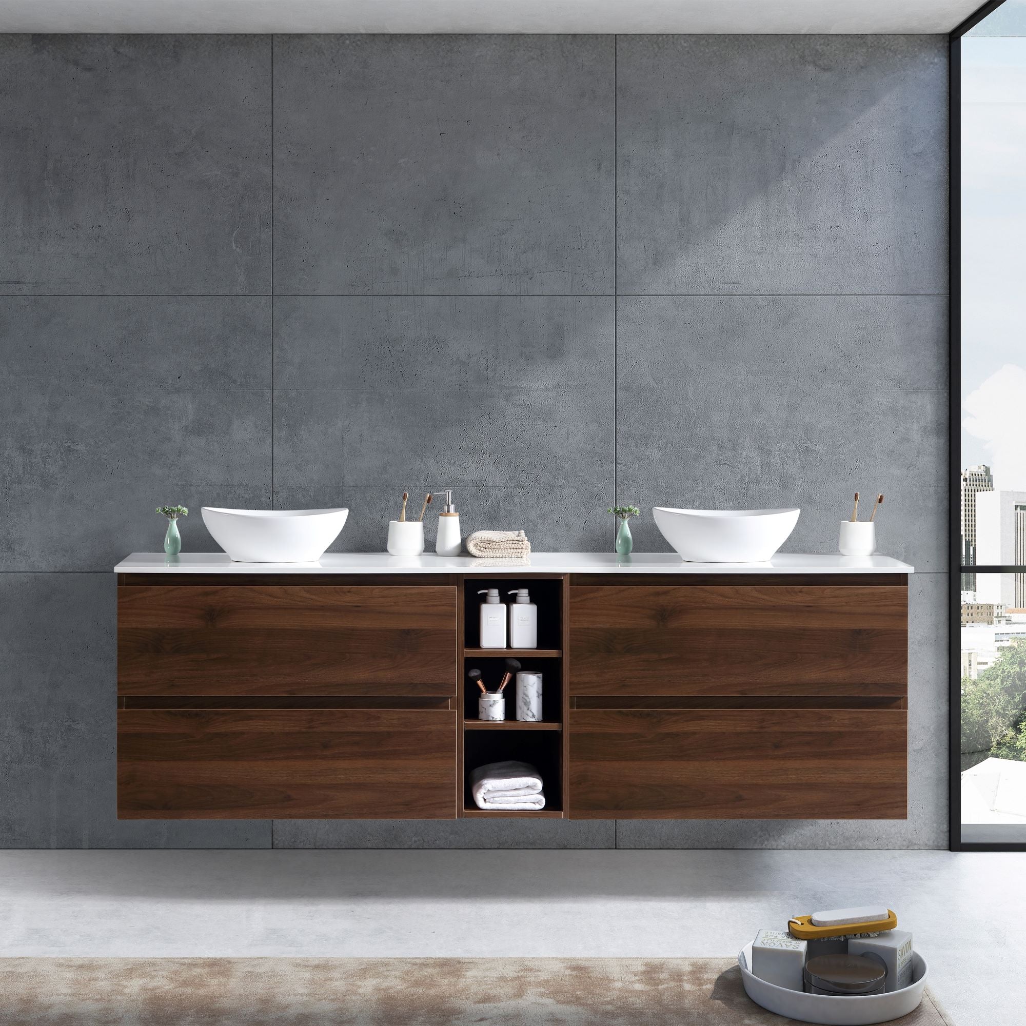 MELA - CLARK 1500 Walnut Wall Hung Vanity with 4 Drawers and Open ShelvesVanities – available at Bathroom City Perth