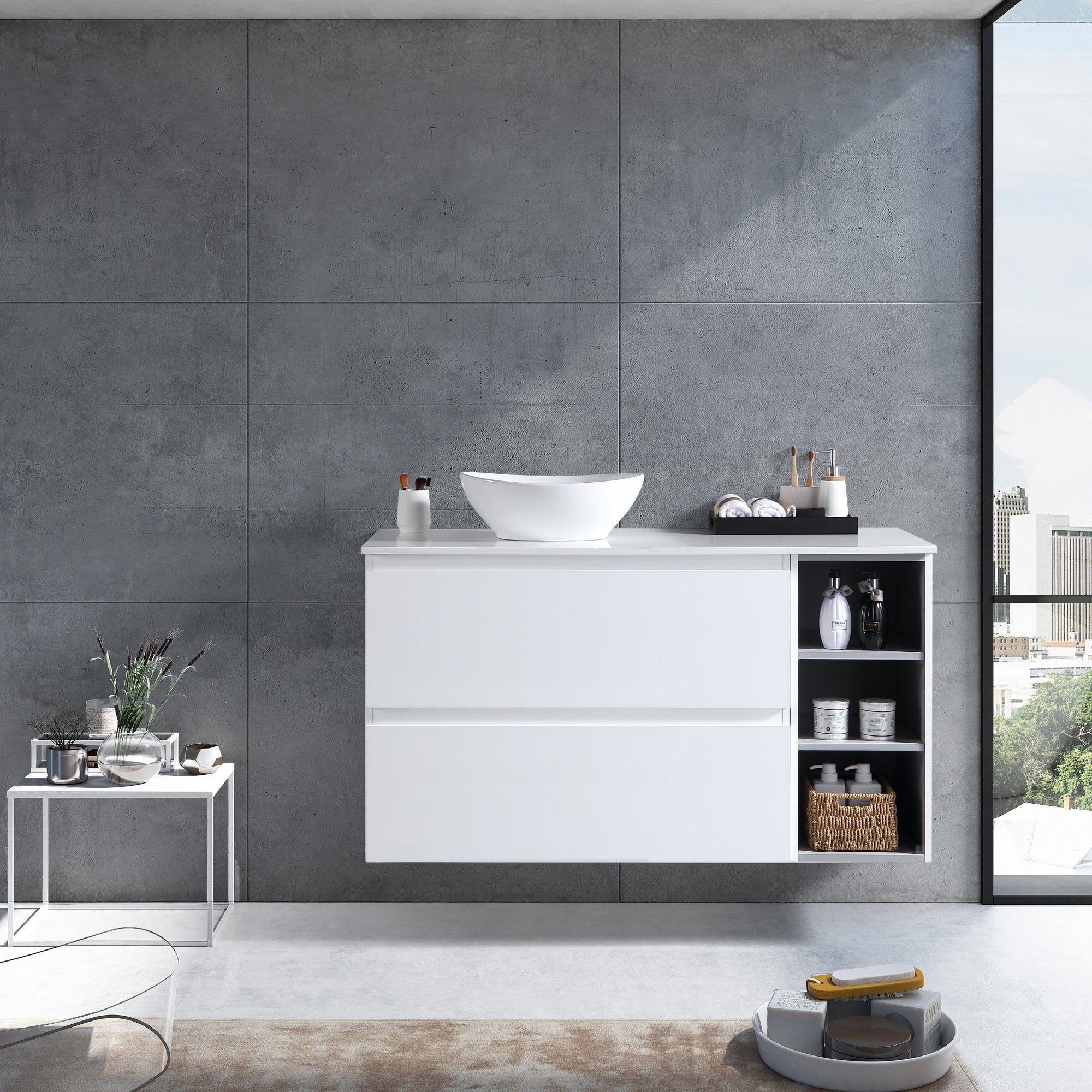 MELA - CLARK 900 Gloss White Wall Hung Vanity with 2 Drawers and Open ShelvesVanities – available at Bathroom City Perth