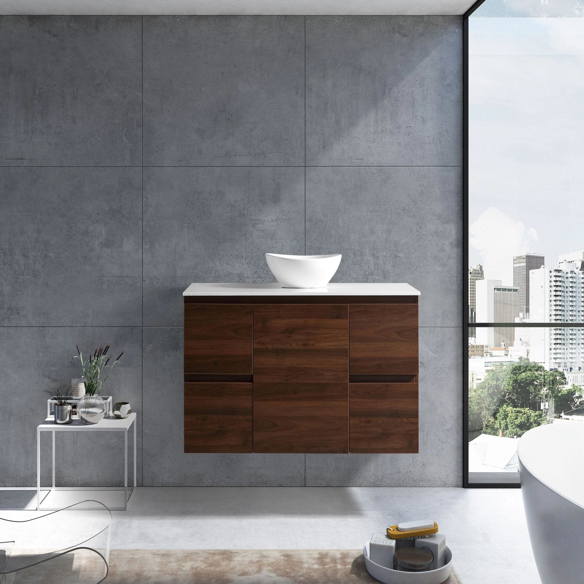 MELA - PADDY 1200 Walnut Wall Hung Vanity with Door & DrawersVanities – available at Bathroom City Perth