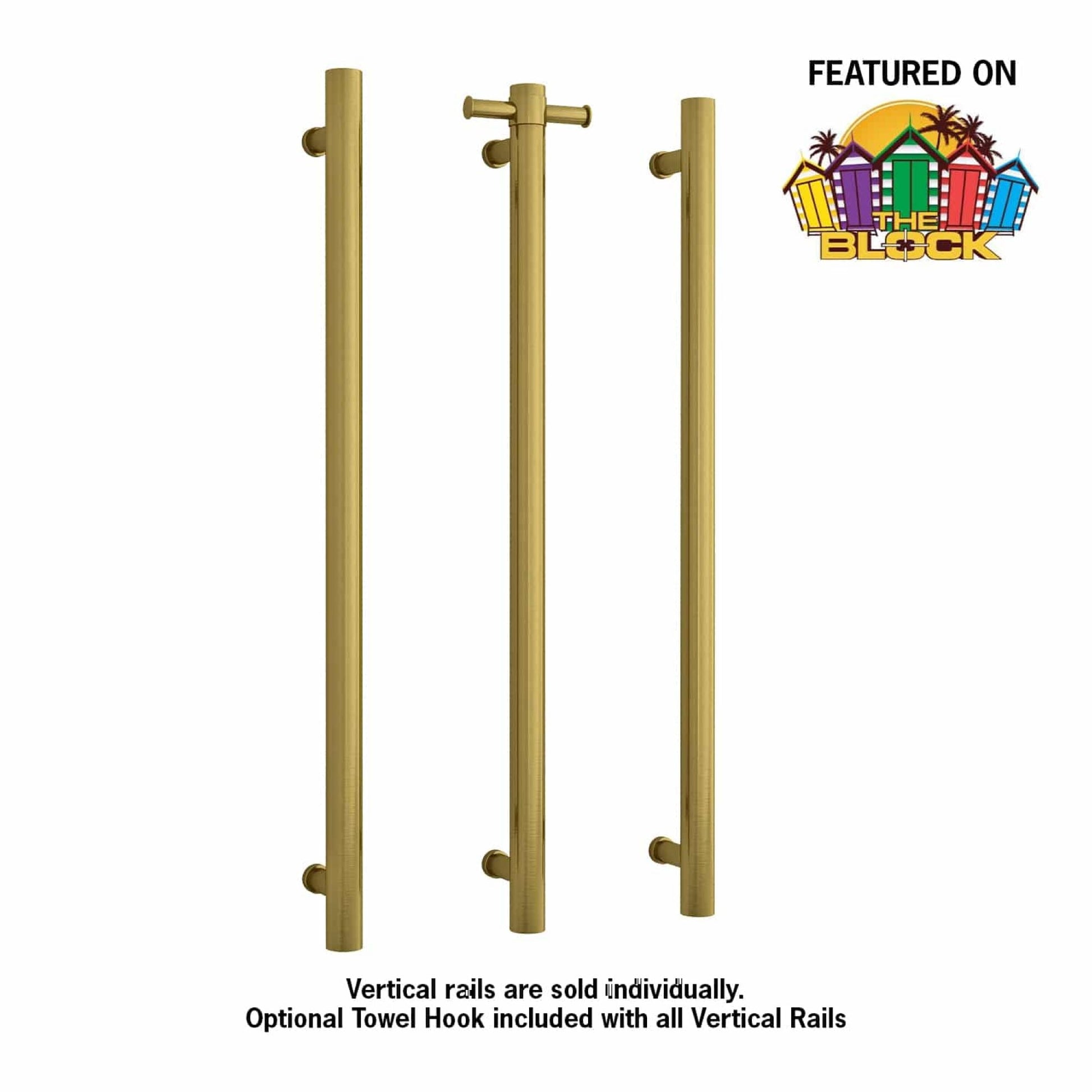 THERMORAIL - VS900HBG Brushed Gold Round Vertical Single Heated Towel RailHeated Towel Rails – available at Bathroom City Perth